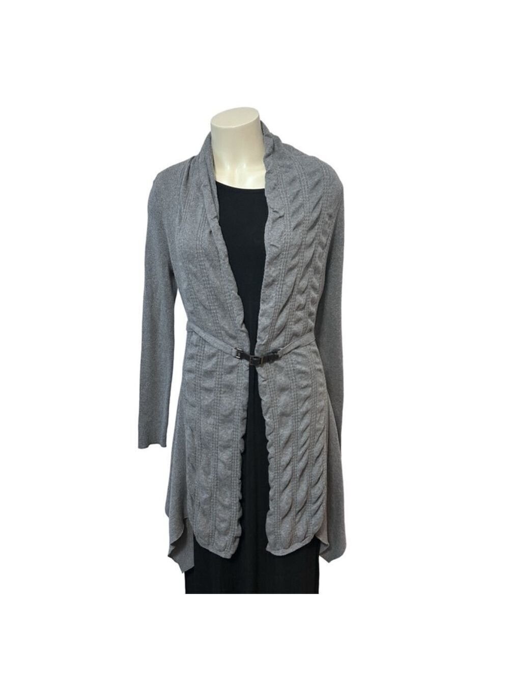 Cache Gray Draped Open Front Cardigan Sweater L Belted Faux Leather Shawl Collar